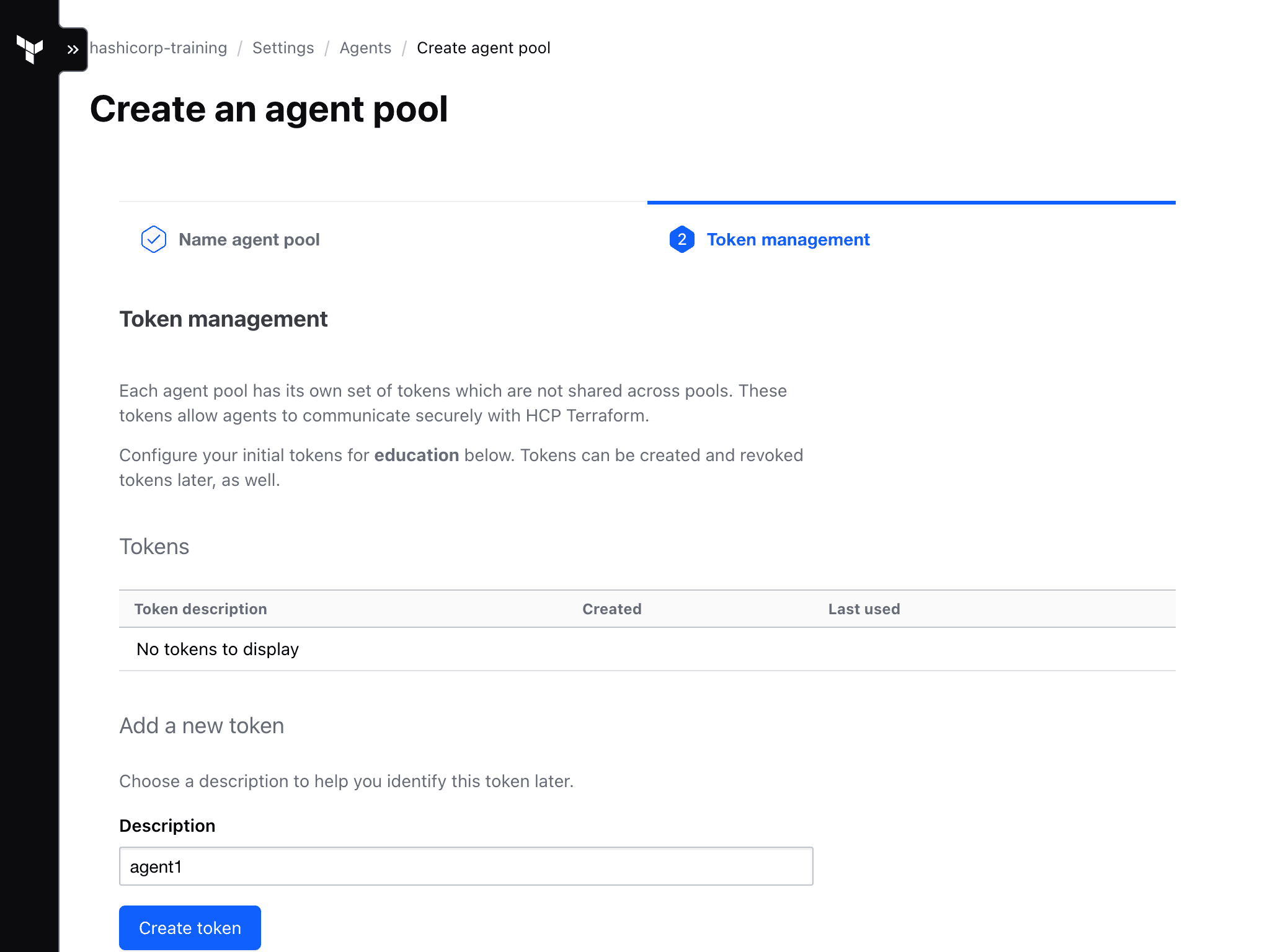 Create first HCP Terraform agent token