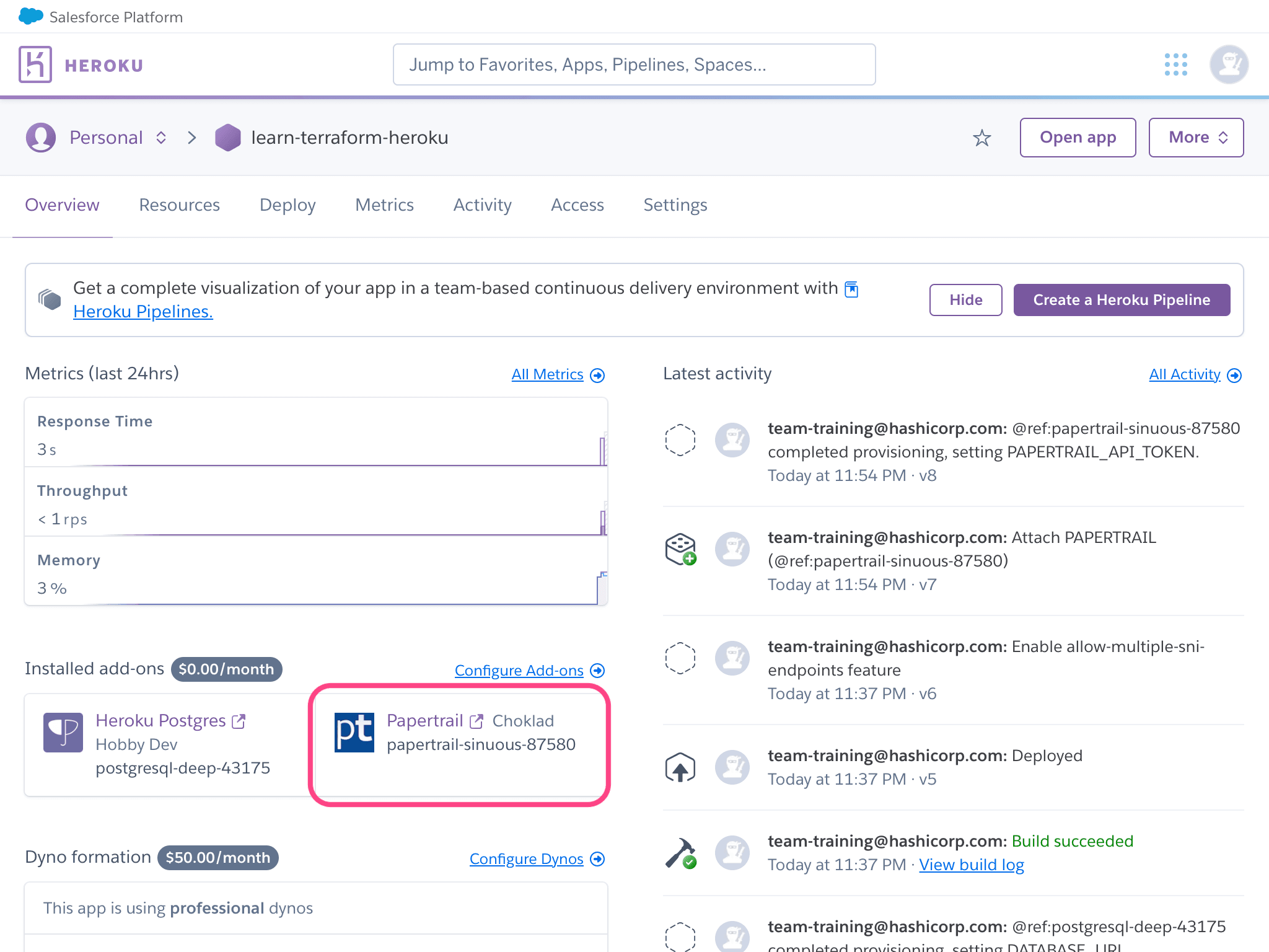 Heroku application now has Papertrail logging